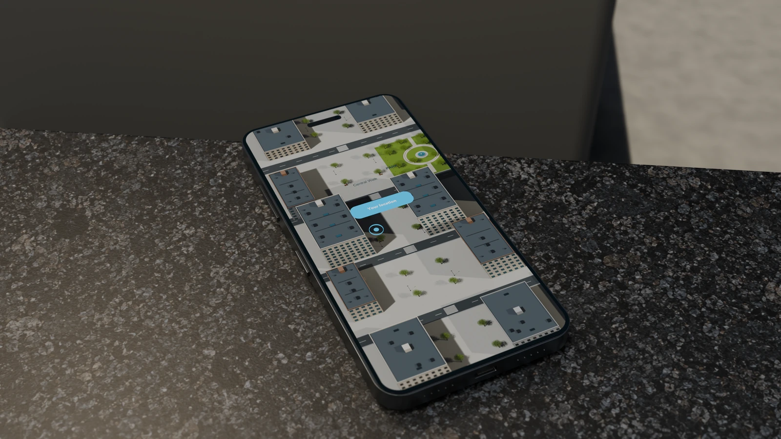 A clean scene from Modern Logic: a phone showing a GPS city map on a granite bench, without a popup